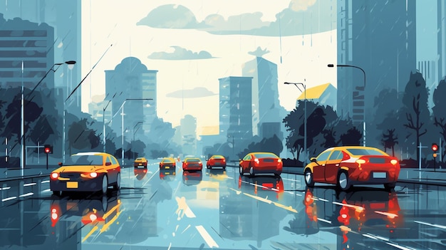 tráfego de rua da cidade de vetor em dia chuvoso carro de vetor