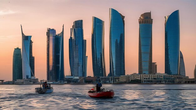 Foto tráfego marítimo e arranha-céus de doha