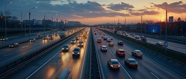 Tráfego nas rodovias ocupado sob um céu nublado