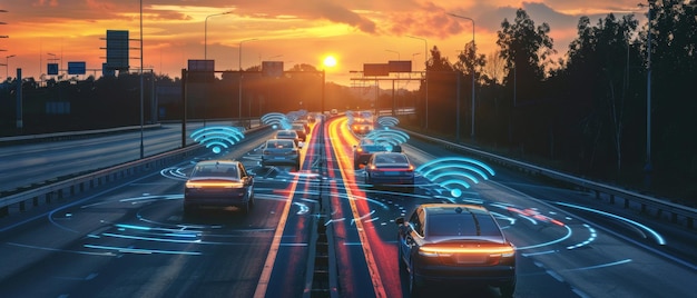 Tráfego no crepúsculo em uma rodovia movimentada com tecnologia de carro autônomo