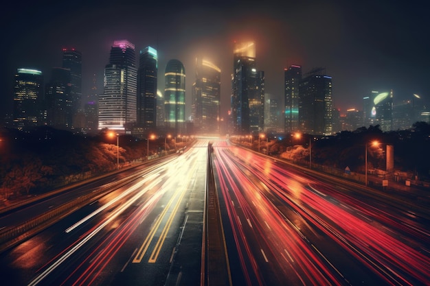 Tráfico de alta velocidad y senderos de luz en la autopista al crepúsculo Ciudad moderna por la noche IA generativa