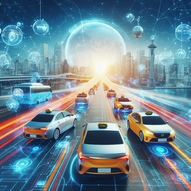 Foto tráfico de automóviles en una calle de la ciudad con interfaz de tecnología brillante
