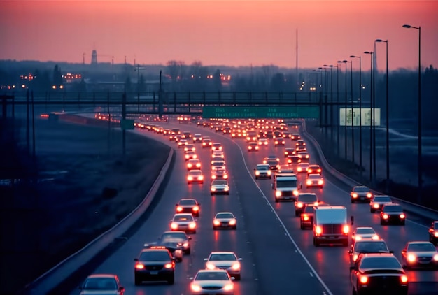 Tráfico en una autopista interestatal al atardecer