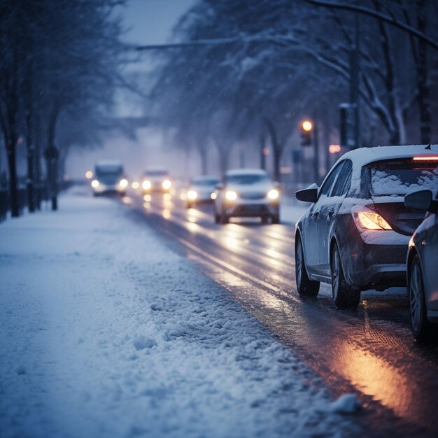 Tráfico en una carretera de invierno con fuertes nevadas en la ciudad