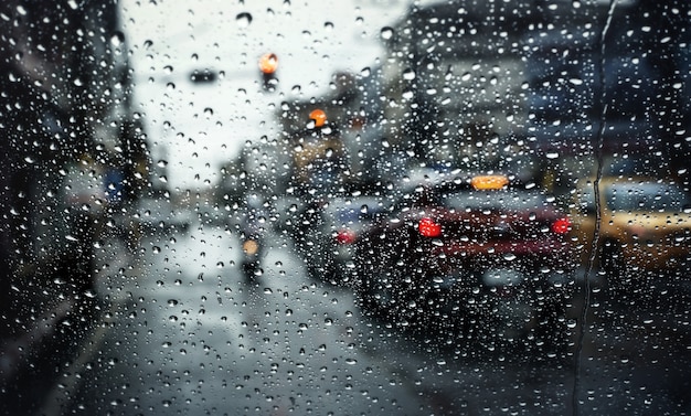 Tráfico matutino en días lluviosos, vista a través del parabrisas durante la tormenta con enfoque selectivo.