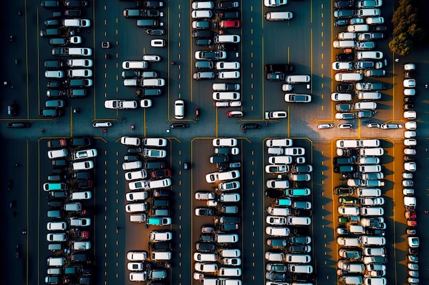 Tráfico pesado en la ciudad de imashin en estacionamiento estacionamiento con vista aérea