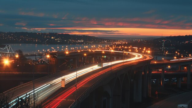 Foto el tráfico del puente los vehículos atraviesan un puente ocupado sus luces crean una vibrante raya de movimiento contra el telón de fondo del anochecer