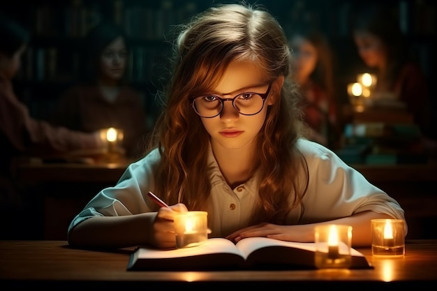 Foto traga luz para o aprendizado uma estudante engenhosa vence a escuridão à luz de velas enquanto adolescente