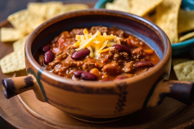 Traga o conforto com uma foto macro de delicioso e nostálgico Chili con Carne feito em casa