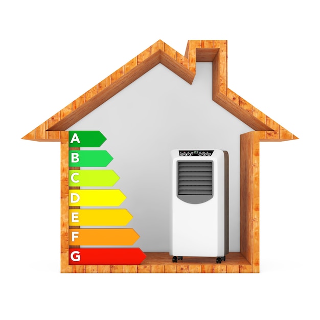 Tragbare mobile Raumklimaanlage mit Energieeffizienz-Rating-Diagramm in abstrakten ökologischen Holzhaus auf weißem Hintergrund. 3D-Rendering