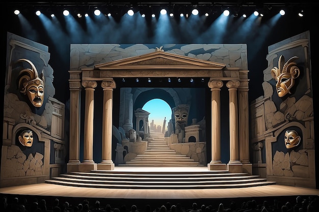 Tragédia grega em palco, cenário de desenho animado