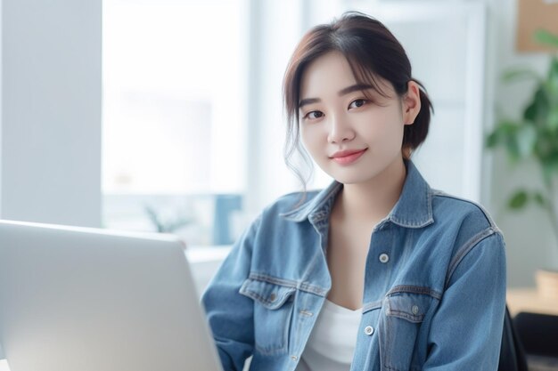 Tragende Jeansjacke der asiatischen Frau mit Laptop