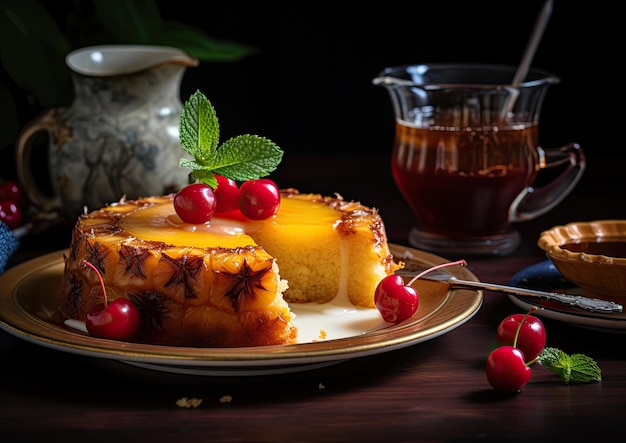 Un trago de pastel invertido de piña con una guarnición de salsa de ron