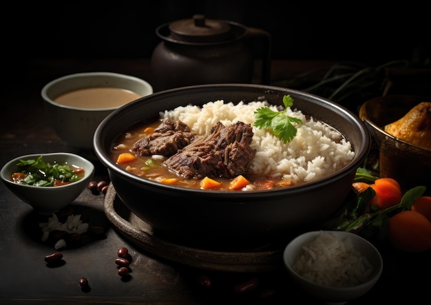 Un trago de sopa de rabo de toro con guarnición de arroz y frijoles