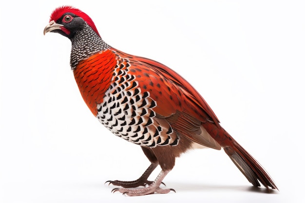 Tragopan rojo sobre un fondo blanco.