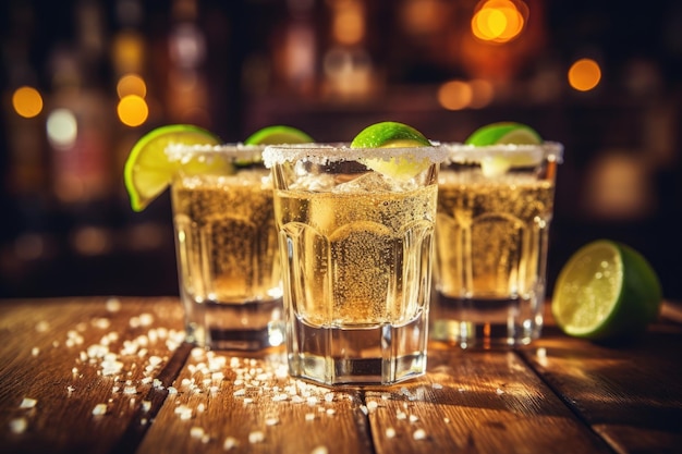 Los tragos mexicanos de tequila con imagen filtrada de lima y sal se centran en vasos