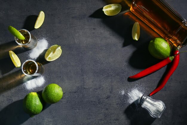 Tragos de tequila con rodajas de limón y sal en la mesa