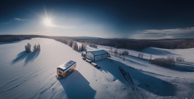 trailer ao ar livre no inverno na floresta com um painel solar no telhado o conceito de vida ao ar livre