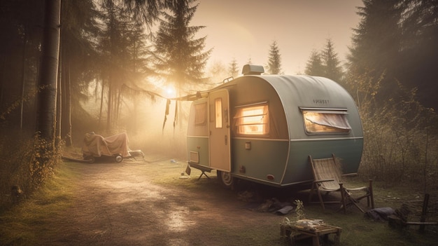 Un tráiler en un bosque con una puesta de sol de fondo