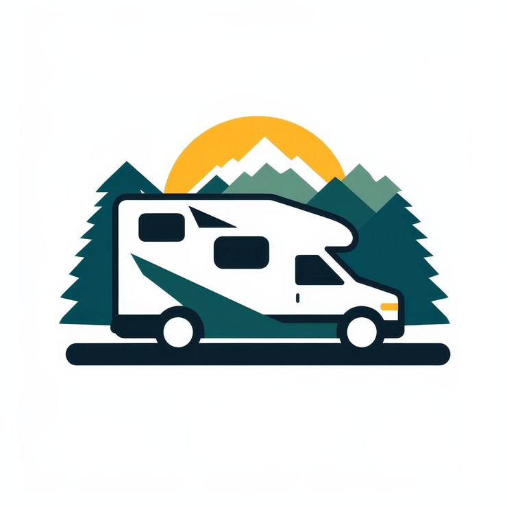 Foto trailer de acampamento com montanhas e sol ilustração vetorial de acampamentos