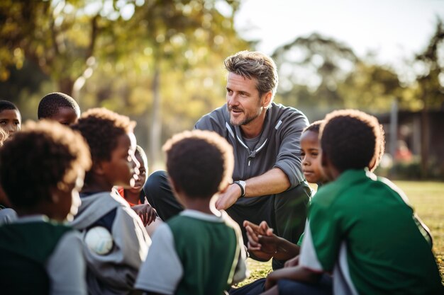 Foto trainer bei einem teamgespräch mit kindern auf einem schulplatz