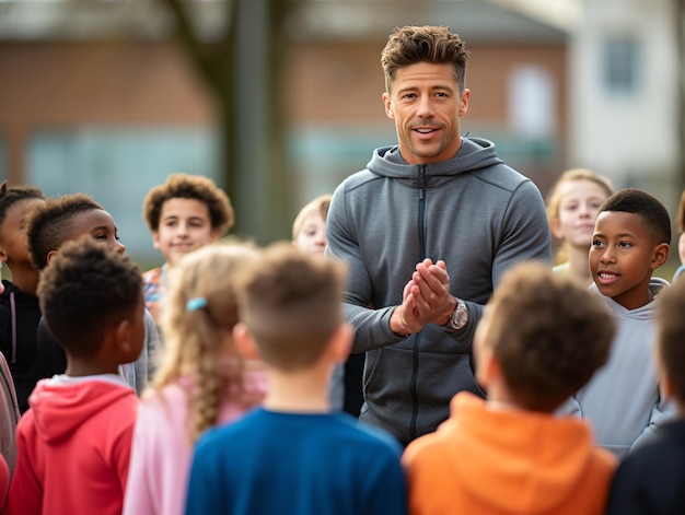 Trainer gibt Mannschaftsgespräch mit Basketballmannschaft der Grundschule