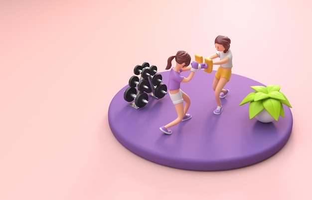 Trainer mit einer Frau, die 3D-Illustration boxt