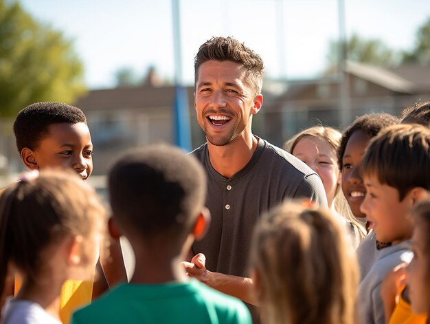 Trainer spricht mit dem Basketballteam der Grundschule