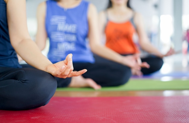 Trainerfrauenhandgeste in der Lotoshaltung der Yogaübung