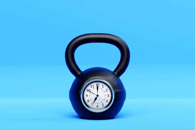 Trainingsgewicht mit Uhr auf blauem, isoliertem Hintergrund Hanteln Kettlebell