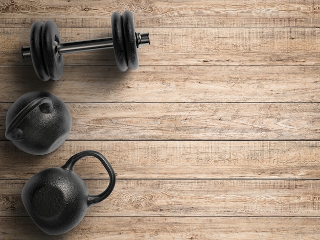 Foto trainingskonzept mit kettlebells und hanteln