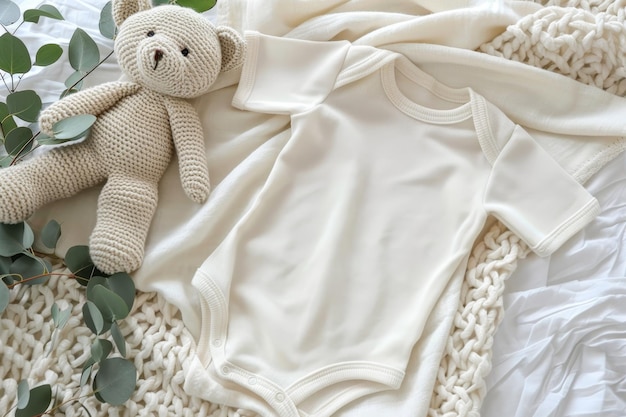 Foto traje de algodón blanco con oso de peluche y eucalipto en una manta de marfil