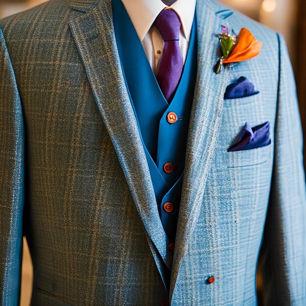 Un traje azul con un chaleco azul y botones naranjas.