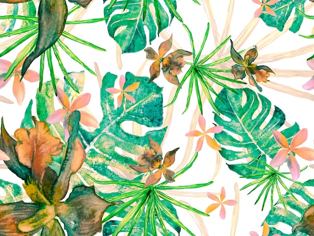 Traje de baño estampado con orquídeas y hojas de palmera. Fondo floral acuarela. Impresión de verano tropical. Diseño hawaiano exótico verde y turquesa. Textura de tapicería de Tailandia. Patrón sin costuras de orquídeas.