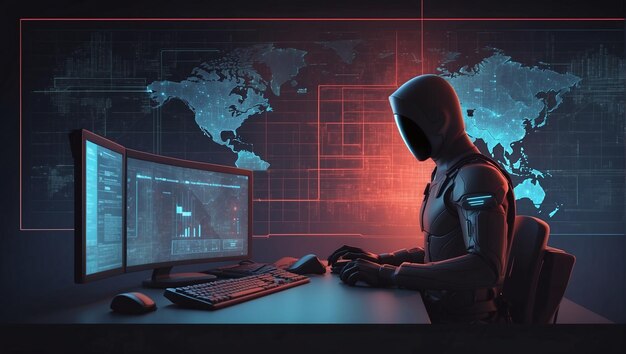 en un traje blindado hacker se sienta en una computadora en el fondo de un mapa del mundo