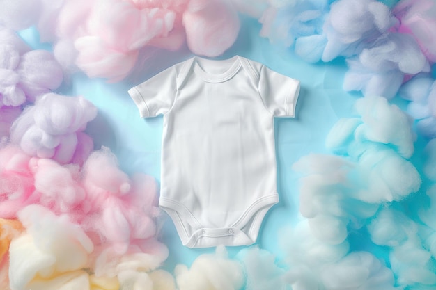 Foto traje branco de bebê em fundo azul modelo de traje de bebê