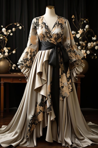 traje clásico de kimono antiguo en estilo estético anime en oro, blanco y negro