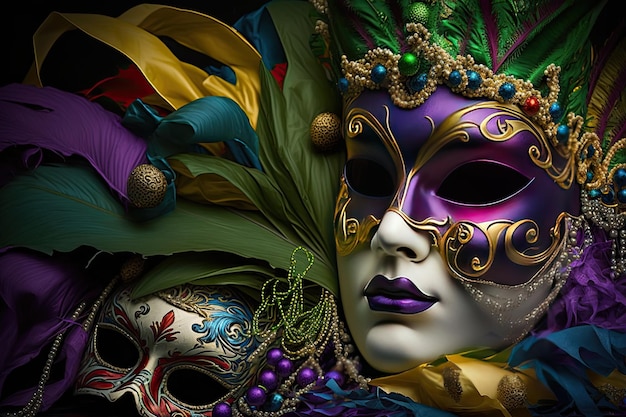 Traje de máscara de Mardi Gras Traje Tradicional Design de Carnaval Fundo Face generativa ai