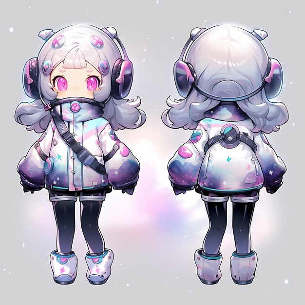 El traje espacial de la astronauta Chibi Kawaii de colores galácticos fue diseñado por Spac Creative Collections.