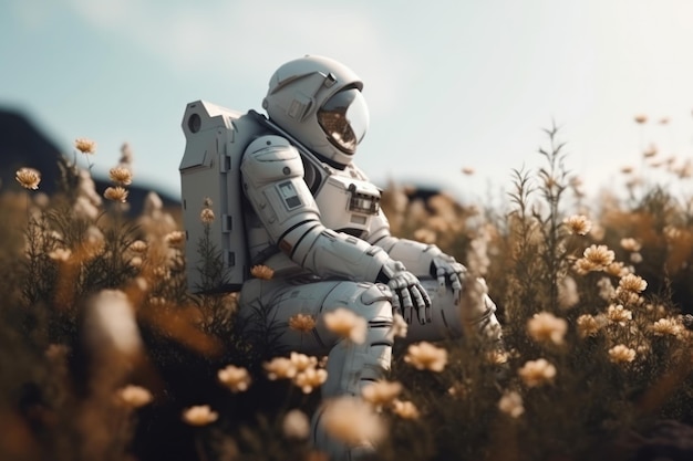 El traje espacial de un astronauta es una adición inesperada a un paisaje lleno de flores brillantes y mariposas curiosas. ¿Es generativa la IA?