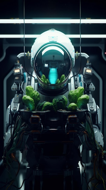 Un traje espacial con casco y una cabeza de brócoli.