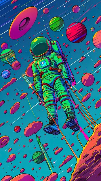 Traje espacial de astronauta flutuando em um mar de estrelas cercado por planetas e galáxias Pintura digital silhueta luz lente flare visão de tiro de guindaste