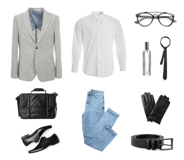 Foto traje de hombre elegante collage con guantes de ropa moderna y otros accesorios sobre fondo blanco