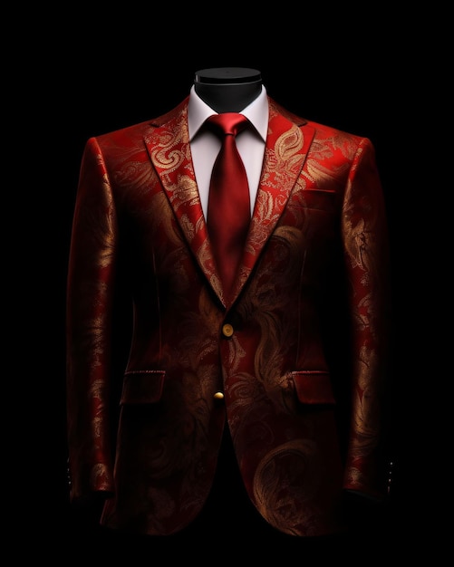 Traje de hombre rojo elegante y de lujo con motivo abstracto aislado sobre fondo negro IA generativa