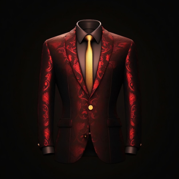 Traje de hombre rojo elegante y de lujo con motivo abstracto aislado sobre fondo negro IA generativa