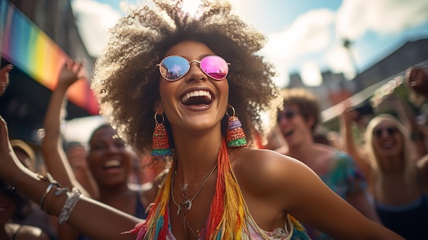 Traje de inspiración afro y gafas de sol elegantes en una multitud de mujeres afroamericanas IA generativa