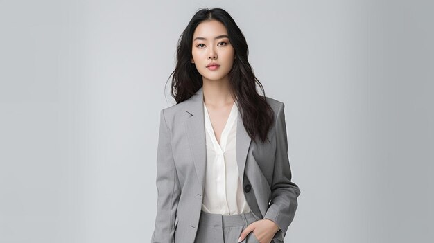 Traje de moda de una modelo femenina de la foto profesional de Asia con un traje como una mujer de negocios