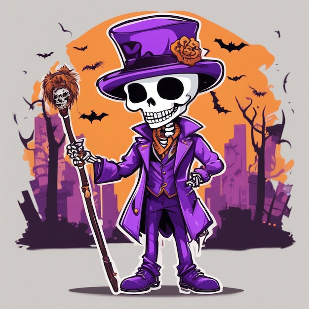 Un traje morado de esqueleto en palo de mano y sombrero de vajilla diseño de camiseta fondo de halloween