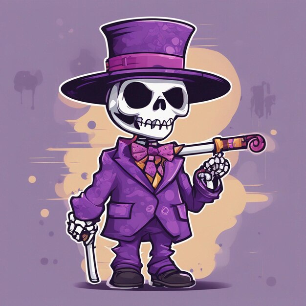 Foto un traje morado de esqueleto en palo de mano y sombrero de vajilla diseño de camiseta fondo de halloween