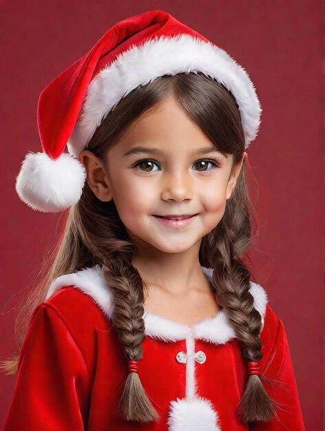 Un traje de niña, una sombrera de Papá Noel, un fondo de color rojo aislado generado por la IA.